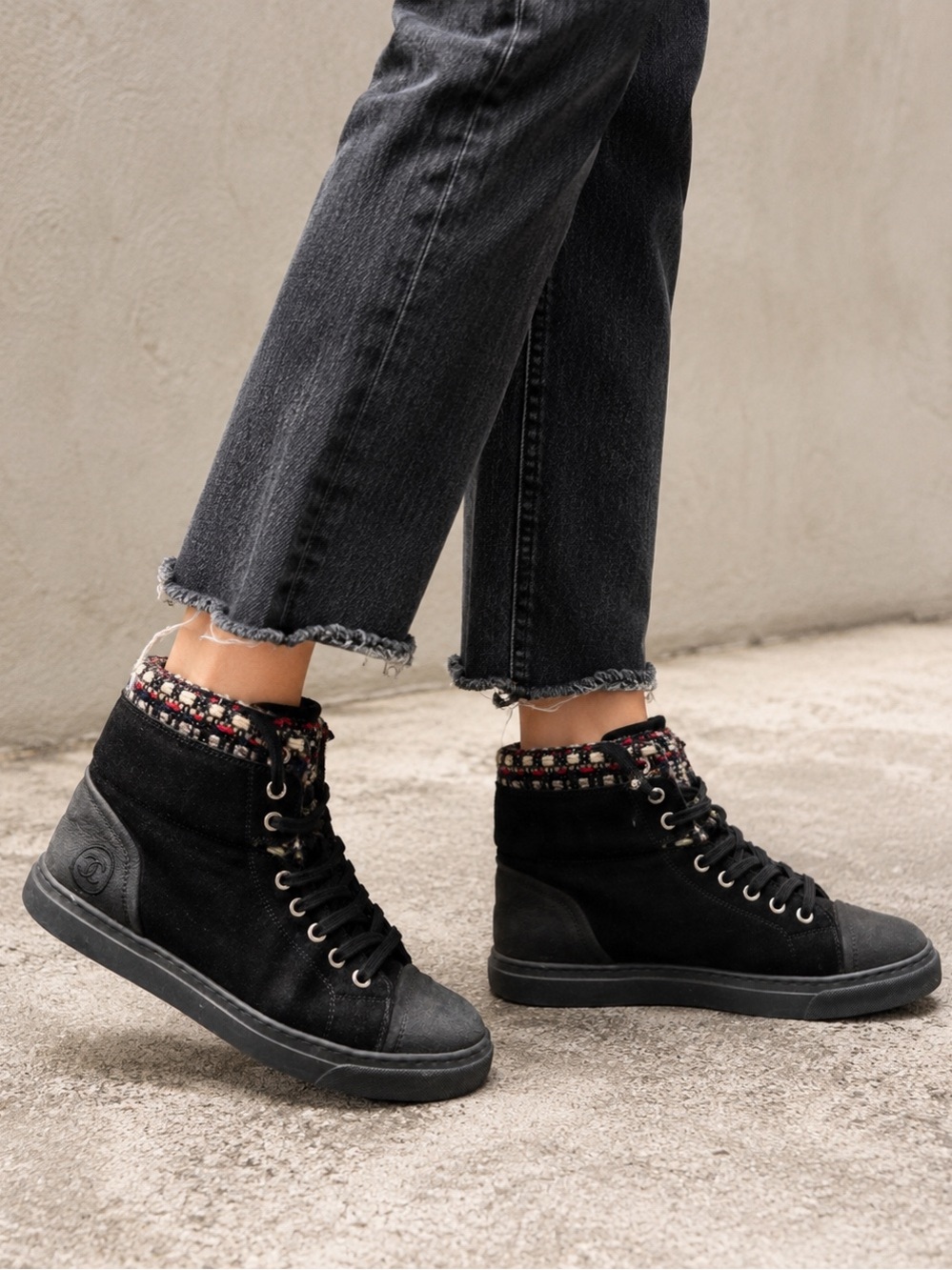 CHANEL Suede Leather Tweed High Top Sneakers